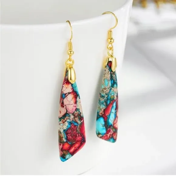 18K Yellow Gold with Natural Imperial Red Blue Jasper Stone Drop Hook Earrings